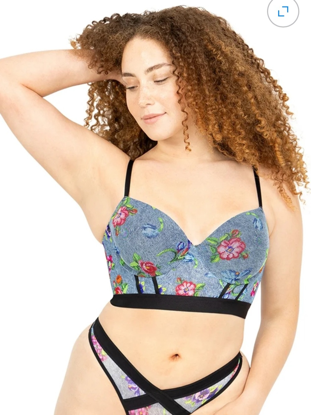 Floral Longline Bralette in Denim Blue